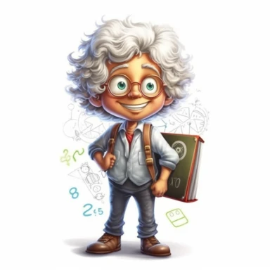 cartoonish young Einstein, 7-13 year, with a backpack and a blackboard with math equations, vector style graphic, positive vibe, clipart, single design, white background.
