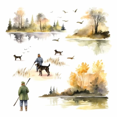 watercolor hunting scene in forest or fields with lake in vicinity on white background with setter and pointer dogs in pointing stand , illustrations clipart set, simple, , cartoon elements ,different variants , natural elements, separate elements with a margin, ,4k, high resolution, , natural colors, vibrant green tones, birds,