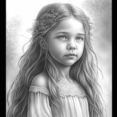 boho little girl, princess aurora, portrait, pose, very detailed and realistic, greyscale, clear image, withe background, clipart style