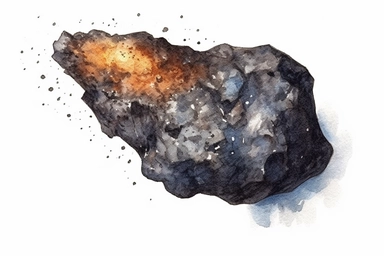 Watercolor, Create a visual representation of a Q-type asteroid, composed of carbonaceous and silicate materials clipart, hd, on a white background, spaced out