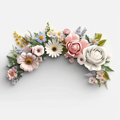 Photorealistic 3d clipart minimalist boho floral border arrangement, Semi-elliptical shape, white background, clean sharp lines, very detailed, 64k, ultra-clear, ultra-delicate