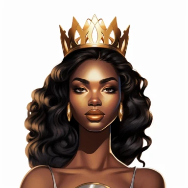 black dark-skin women with long natural hair wearing a golden crown staring straight forward with big shiny lips, clip art