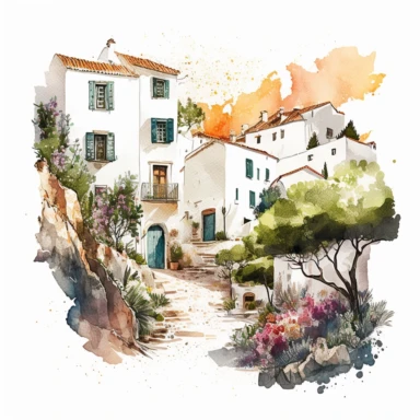 beautiful watercolor clipart of white houses on a cobbled street in a French hillside village near the Mediterranean sea, warm summer hues, compositions on an isolated white background. Bright landscapes illustrations, highly detailed