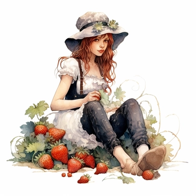 Front illumination of ultra realistic watercolor of full body of an insanely beautiful victorian era happy farm girl, sitting on the field with some strawberries next to her, strawberry themed highly detailed and realistic, insane quality, mystic, wiccan, art nouveau art style, clipart witchcore dreamcore cottagecore white background no text, isolated on white, ghibli style, watercolor illustration, award winning