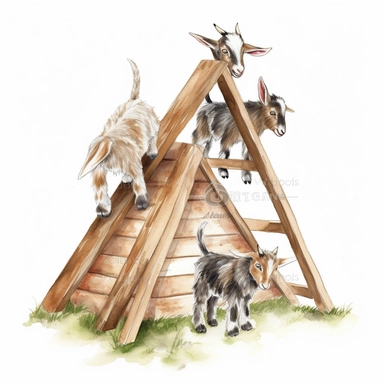 baby dwarf Nigerian goats playing on the A-frame, very detailed and realistic, watercolor, white background with margins, clipart style