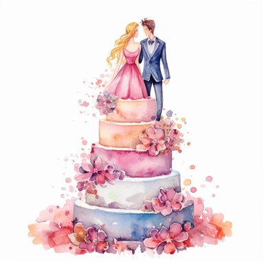 full perspective, watercolor three tier wedding cake clipart, add groom and bride figurines, vibrant colors, add flowers and glitter, on a white background