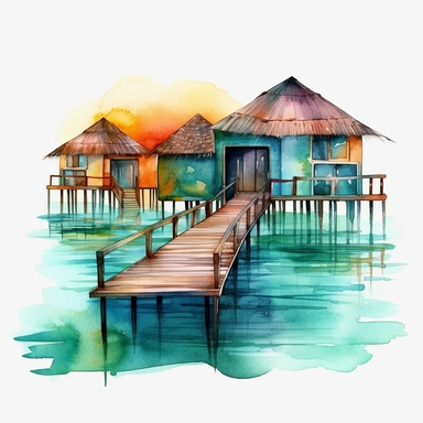 overwater bungalows, turquoise ocean, dock, sunset, watercolor clipart, bright colors, minimalist, isolated white background, 8k