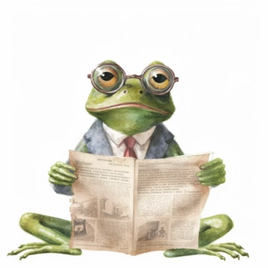 Create a watercolor illustration clipart of a playful cute Frog Reading a newspaper with glasses, with its full body visible. Use soft, flowing brushstrokes and a warm, inviting color palette to create an image that is both charming and whimsical. Incorporate intricate details like the motion of the Frog Reading a newspaper with glasses to create a lifelike, realistic image. Can add other elements to the illustration like related item to play to create playful scene. Use white background to allo