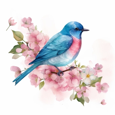 A watercolor illustration of a blue bird on a branch of pink flowers clipart, in the style of instant film, frieke janssens, adrianus eversen, pictorial fabrics, cute and dreamy, cherry blossoms, uhd image on white background