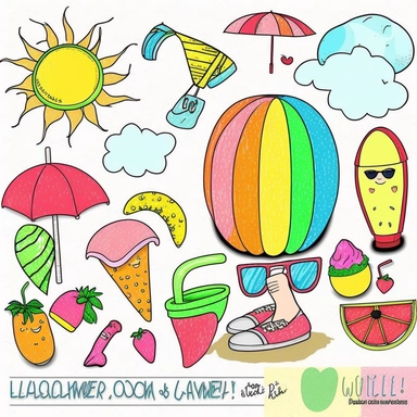Please create a series of color-pencil clipart illustrations featuring different items related to summer. Each illustration should be drawn in a playful and cheerful style that captures the vibrancy and warmth of the season. Items to include can be beach balls, watermelons, sun hats, flip-flops, and ice cream cones. Please use a colorful and coherent color palette that is bright and evokes the feeling of warmth and sunshine. Colors that are associated with summer, such as yellows, oranges, pinks