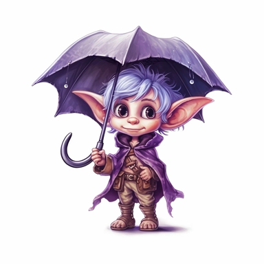 Cute Adorable magical little Elf with big pointed ears holds a umbrella in his hand wears a raincape and stand in the rain on a country road, clipart, photorealistic illustration, watercolor, high detail, 8k polished, 8k, vibrant colors, sticker, majestic, die cut, black and purple color, white background