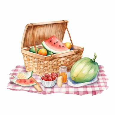 watercolour fruit Gingham summer picnic clipart, white background, no text