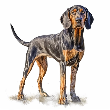 black and tan coonhound in the style of digital airbrushingstanding realistic yet stylized, digitally enhanced, clipart, 32k uhd, detailed crosshatching white background