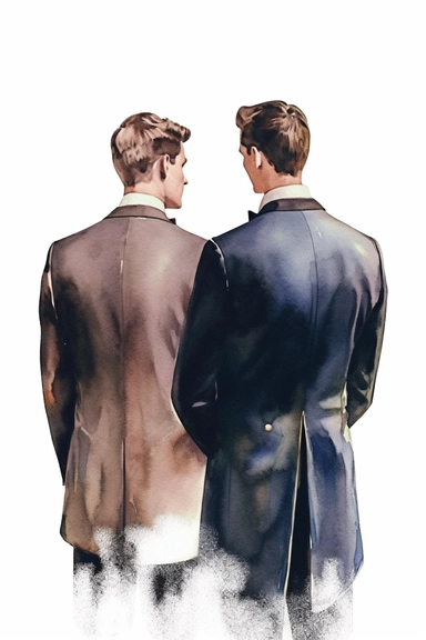 watercolor portrait illustration of groom with best man clipart, close up view of the back, in style of Michiel van Huysum, subtle faded color variations, hyper-detailed hd watercolor clipart, on white background, spaced out