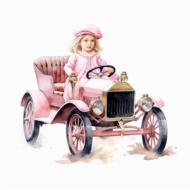 Watercolor Victorian baby girl in driving a pink ford t car from the era clipart , on a white background, Illustration clipart, 4K, extremely detailed