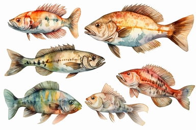 watercolor fried fish clipart, hd, on white background, spaced out