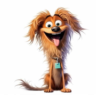 a skinny dog with frizzed out hair, crazy looking expression, exceptionally funny, silly, goofy dog, full body image, pixar style, clipart, white background,