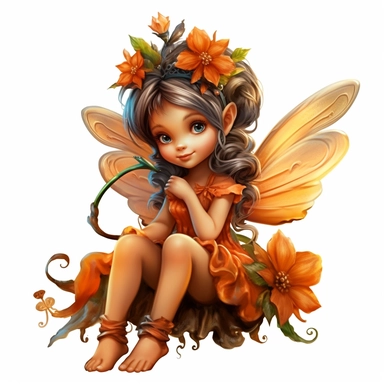 Enchanting little fairy with orange wings, perched delicately on a flower, enchanting viewers with a charming smile, deep, expressive eyes, and twinkling wings, on a white canvas with deep, captivating colors and high contrast. clipart