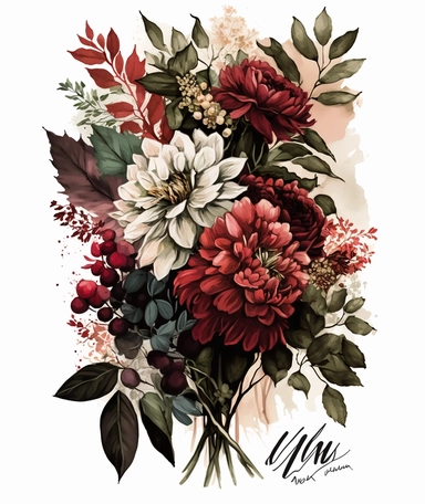 tall floral bouquet depicted in a watercolor clipart, featuring crimson, white, and black flowers in honor of Alabama University. The bouquet includes hydrangeas, dahlias, and peonies with green leaves and stems intertwined throughout