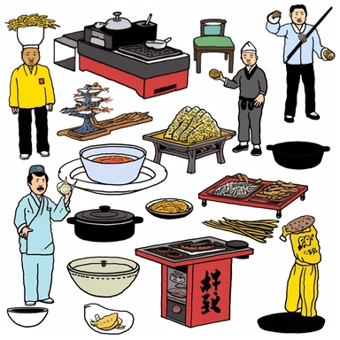 a set of black line clipart inspired by Raiders of the Lost Ark and travel and food and colonialism and David Chang and stolen cultural relics and cooking and grilling and eating and global cuisine and 1980s action figures