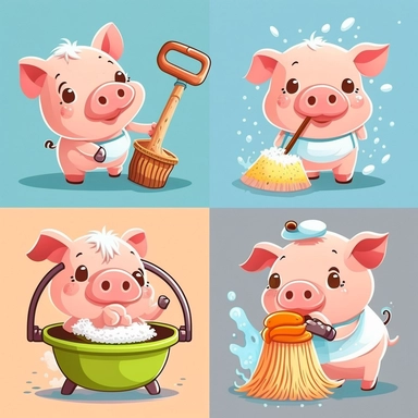 clipart of one cute pig doing 4 different daily chores