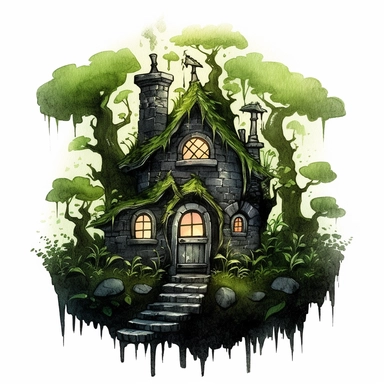 clipart of a dark goblin cottage in the deep forest surrounded by moss and fern, illuminated from inside, in the dark green and black, goblincore, fantasy, romantic, watercolor illustration, children book illustration, no splashing, high detailed, isolated on flat white background