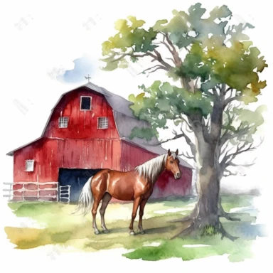 red barn with a tree and horses watercolor, clipart, white background
