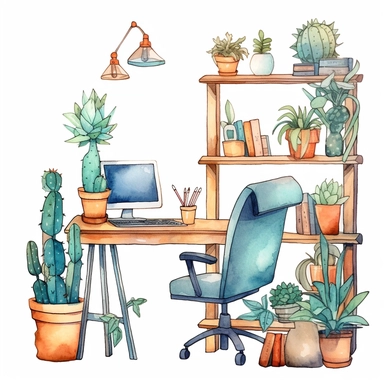 Generate a set of watercolor desk scenes clipart with a cute rustic floral theme for use in planners and workspaces. The clipart should be in PNG format and available for instant download. The scenes should depict cozy and inviting workspaces with elements such as a desk, chair, plants, and other decorative items. The watercolor style should be vibrant and artistic. The clipart should be suitable for commercial use. Please provide multiple variations and angles of the scenes for a diverse select