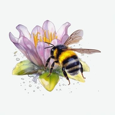 watercolor art of bumble bee on lilly pad, in the style of realistic and hyper-detailed renderings, sketchfab, ahmed morsi, realistic watercolor paintings, use of common materials, handcrafted designs, with white background clipart