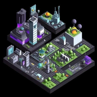 isometric perspective, game sprite, futuristic city park concept, gaming asset, sci-fi, fun, creative, cartoon, clipart, hyper-detailed, black background,