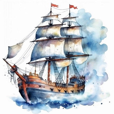 cute watercolor pirate ship clipart, full body, hd, on white background, spaced out