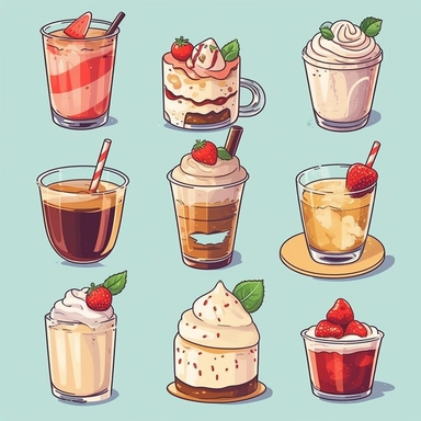 Illustrate a collection of food and beverage cliparts, ranging from delectable desserts to refreshing drinks.
