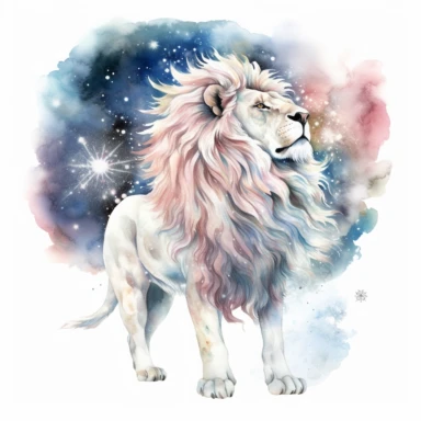 watercolor clipart of celestial white roaring lion, full body shot, cosmos in background, on white background