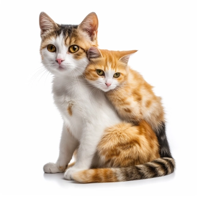 baby cat on back of adult female cat, clipart, bright colors, isolated white background