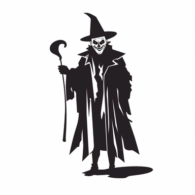 black and white silhouette of a scary halloween clown, clipart style, white background, thick lines, vector, simple design, flat colour, solid colour, halloweencore
