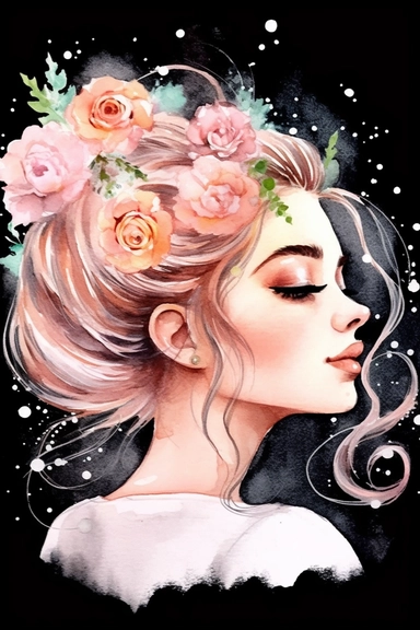 a cute cartoon pretty young Girl with a high white and pink ligth colored bun and roses sparkling around her profile, long curly hair with mini flowers in head, portrait, daydreaming expression in watercolor form, sarah kay and holly hobbies, clipart, watercolor, smiling, on a blackbackground, daydreaming expression in watercolor form