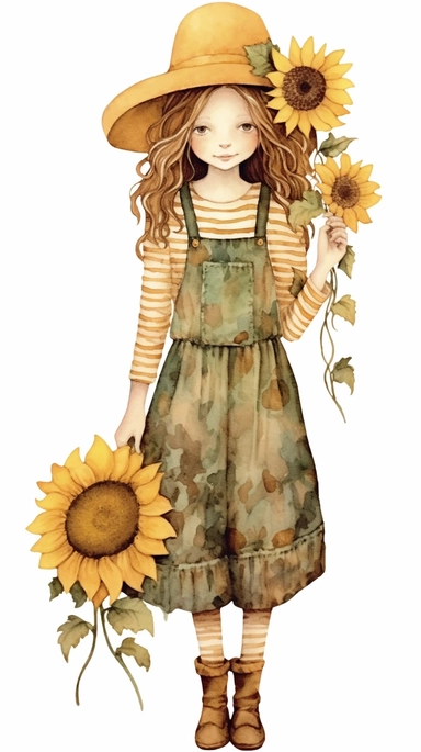 paper doll, sunflower country girl, full body vintage watercolor, I can't believe how beautiful this is, holly hobbie and nicoletta ceccoli clipart on white background