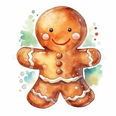 watercolor style, Gingerbread man: A cookie shaped like a person, often decorated with icing and candies. clipart, isolated on white background, 4K