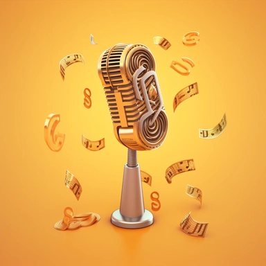 A microphone with money symbols flowing out of it or a music note with a dollar sign inside, clip art style for website features section