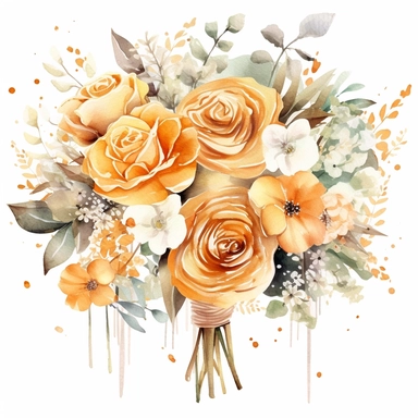 one watercolor wedding bouquet clipart on a white background, in the style of light Orange and white, intricate floral arrangements, white and bronze, intricate embellishments, sterling silver highlights, bold traditional, blurry details , no watermark, text, 300 DPI , typography, shapes do not stick together, no text in the picture, on a white background