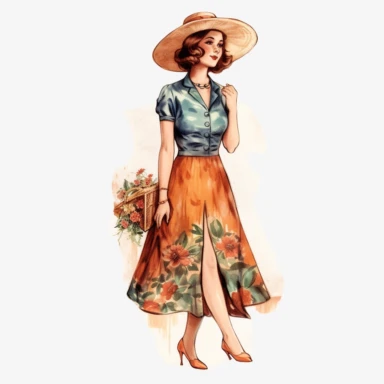 vintage woman colorful illustration old fashioned summer , Hand drawn , watercolor style,clipart,no shadow,single design, print on demand image, PNG transparent ,white background for removing background - - no text shadow font watermark
