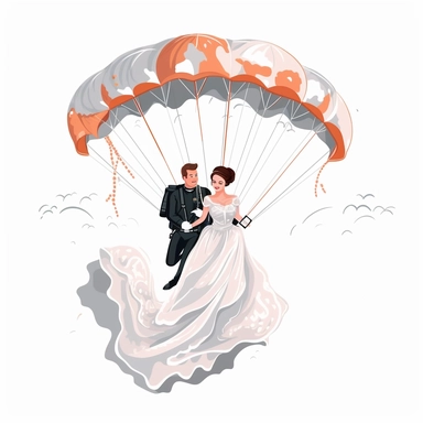 clipart of a couple skydiving in wedding clothes with a big parachute above them