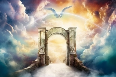 Imagine a watercolor painting of a long rainbow bridge stretching towards the gates of heaven. The doors to heaven are opening, revealing a colorful and vibrant sky filled with fluffy, white clouds and beautiful angels. This image is in high definition and would make a stunning piece of clipart,