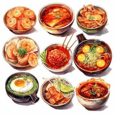 Kimchi, Korean fried chicken, Tokpokki, Ramyeon, Jajangmyeon, Kimbap, Bibimbab, Shabu Shabu, Sundubu jigae, Ginseng chicken soup, korean food, white background, clipart, Object, vector collection, 8k, watercolor