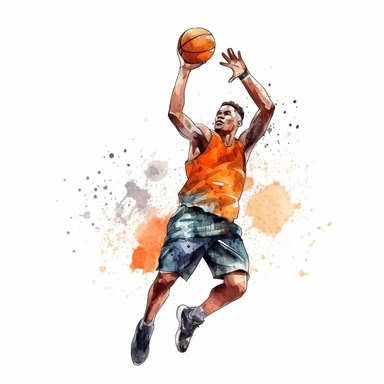 cute Watercolor black cartoon basketball player shooting hoops, clipart, white background