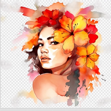 watercolor A woman's face, full body, Hibiscus - Hibiscus flowers are large and colorful, with petals that come in shades of pink, red, and yellow. They are often used in tropical-themed decor and are associated with warm weather and sunny days. with flowers and leaves adorning her hair. hair up with flowers vividly bold designs png Full body realistic cartoon in 32K UHD cute. 15 cm thick outline. Black color. There was no shadow on the ground. 8k with realistic watercolors. and detailed illustr
