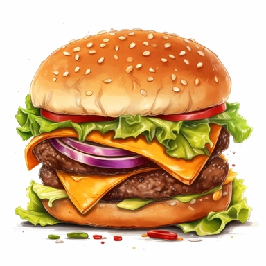 Imagine an appetizing hamburger clipart, meticulously detailed and drawn in a fun, appealing style. The clipart features a thick, juicy patty with a delightful char, resting in a soft bun. Additions of vibrant, crisp lettuce, a slice of ripe tomato, a melting piece of cheddar cheese, and a dash of secret sauce make this burger clipart look irresistibly delicious. Against a stark, white background, the colors pop, making it an enticing piece of art.