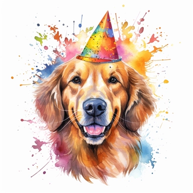 watercolor of a birthday golden retriever isolated on a white background, detailed ,realistic ,rtx on,textural richness,colorful imagery,digital illustration, clipart,