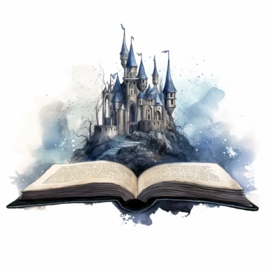 a meticulously crafted watercolor dark castle fantasy open book clipart, as the pages unfurl to reveal a haunting castle, capturing the essence of a world where shadows dance and secrets lie in wait, fairytale, 8k, Whimsical, white background