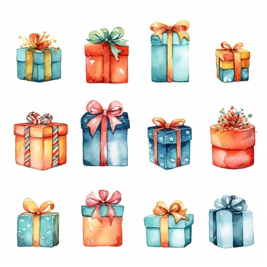 watercolor small cute christmas gifts clipart with margins, digital watercolor, for children’s book, design lovely style, cartoon funny, simple watercolor, white clean background